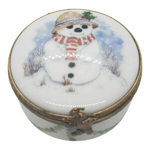 Vintage Limoges Porcelain Trinket Jewelry Box Snowman Holly Christmas Hand Paint